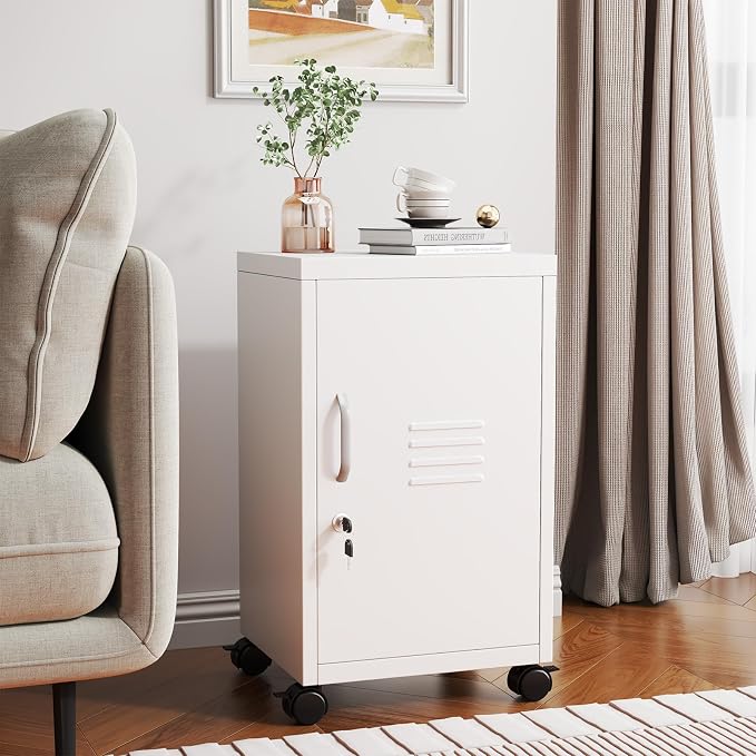 PAOFIN Metal Locker Cabinet,Under Desk Metal Vertical Filing Cabinets with Shelf and Wheels for Home Office Organizer Letters, Employees, White (Required Assembly)