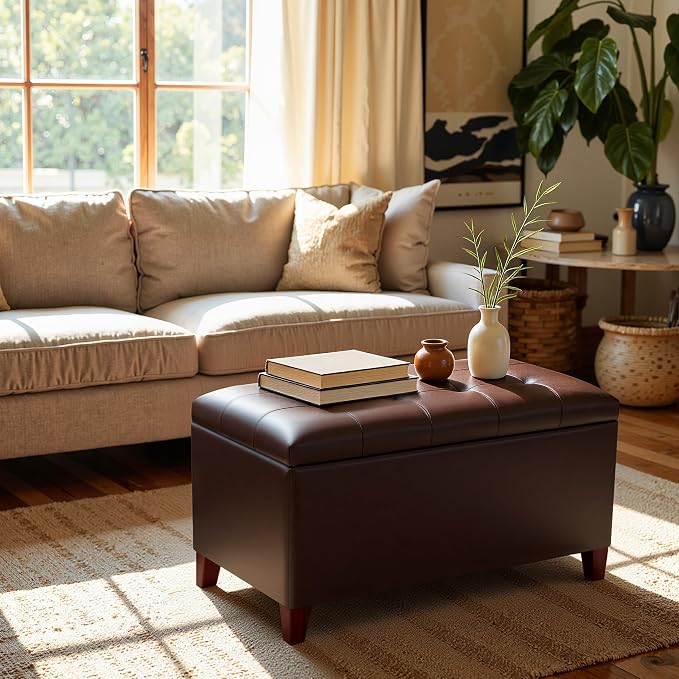 Joveco Storage Ottoman Bench, 33 Inches Faux Leather Rectangle Tufted Foot Stool for End Foot of Bed, Bedroom, Living Room, Brown