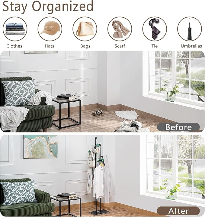 Metal Standing Coat Rack for Entryway Bedroom Living Room (Black) | Easy Assembly, Compact Footprint, Space Saver, Metal Frame, Marble Base, Sturdy, 8 Spherical Hooks, Office, Corner