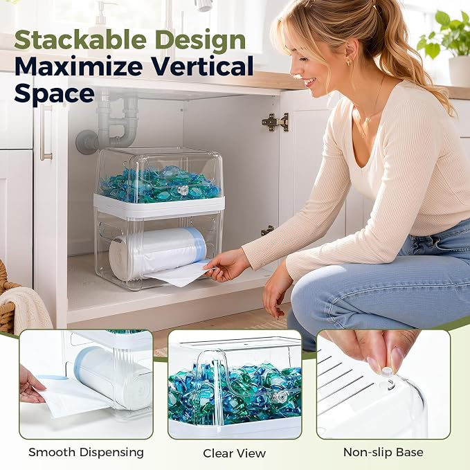 Trash Bag Dispenser & Dishwasher Pod Holder, 3-in-1 Trash Bag Holder Laundry Pods Container with Moisture-Proof Lid, Acrylic Garbage Bag Dispenser for Under Sink Organizer Laundry Room Organization