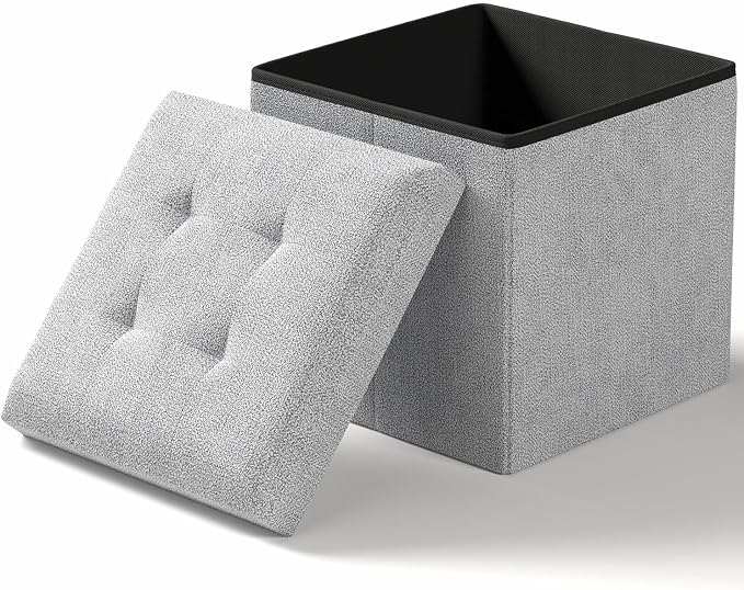 Folding Storage Ottoman Bench, Light Gray, 15 Inches | Multi-Functional Ottoman Foot Rest, End of Bed Bench, Storage Chest, Living Room, Bedroom, Hallway, Entryway, 300 lb Capacity