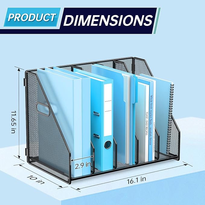 MINDEPOT Desk File Organizer Folder Holder with 5 Vertical for Office Black | Sturdy Metal Mesh, Magazine Folder Holder, Rack File Organizer for Home School, 5 Vertical Compartments
