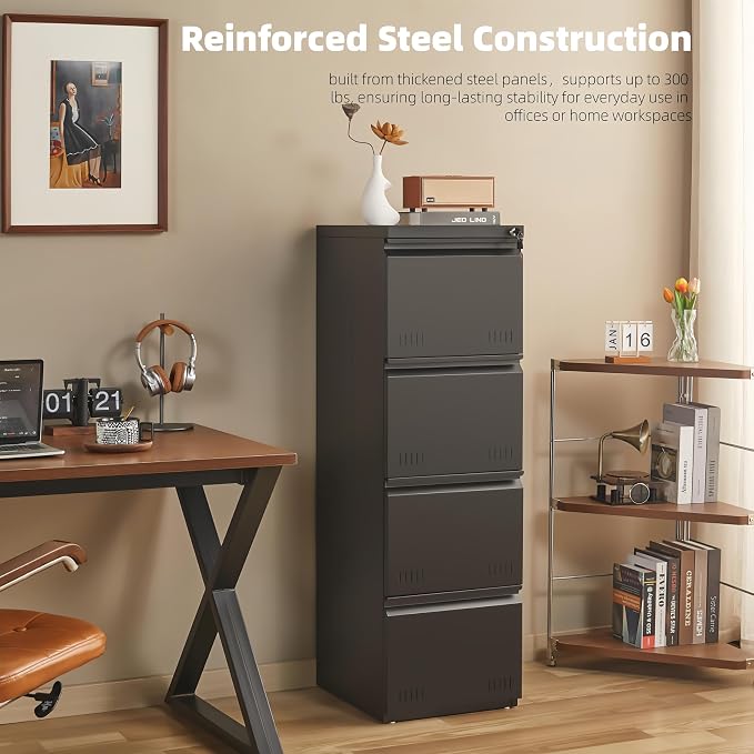 Guizeeopo Metal File Cabinet with Lock, Vertical 4 Drawer File Cabinets for Home Office, Heavy Duty Office Storage Cabinet for A4/Letter/Legal Size, Assembly Required(Black)