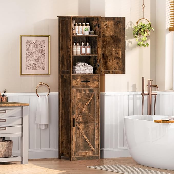 TEENFON Tall Bathroom Cabinet, Storage Cabinet with 6 Shelves & Drawer, Bathroom Storage Cabinet with Adjustable Shelves, Tall Cabinet for Living Room, Home Office, Brown