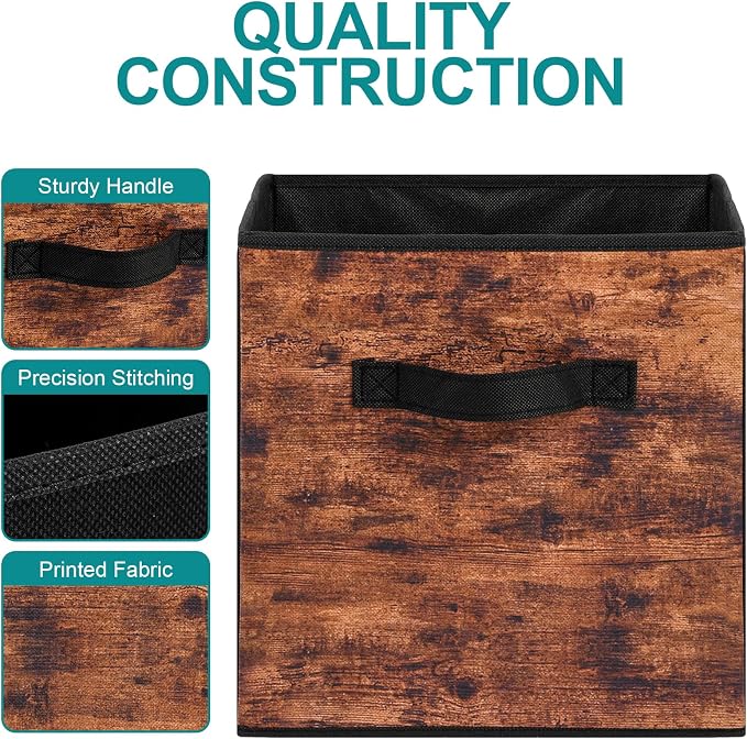 Stero Fabric Storage Cubes, 6 Pack Foldable Storage Bins with Handle, 11 Inch Box for Shelves, Closet, Organizer, Rustic Brown and Black