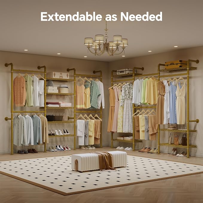 Higeego W3 Wall Mounted Clothes Rack, Industrial Pipe Clothing Rack, Gold | Heavy Duty Clothes Rack, Clothing Racks for Hanging Clothes, Closet Organizer, Expandable Hanger Rods, Adjustable Shelving