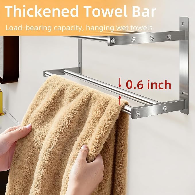 Taaji Towel Racks for Bathroom 24 inch, 2 Tier with Towel Bars, Brushed | Stainless Steel Towel Rack with Shelf, Bathroom Shelf for Towels Storage, Wall Mounted