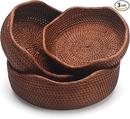 YANGQIHOME Rattan Bread Basket, Round Fruit Baskets, Wicker Storage Bowls, Natural Woven Serving Basket Bowls, Decorative Baskets for Kitchen Counter Organizing (Brown S/M/L)