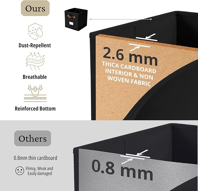 DECOMOMO Storage Bins, Storage Baskets for Shelves | 13" x 15" x 13" Storage Cube Bins with Labels for Organizing Shelves (Kallax, 4pcs, Black)