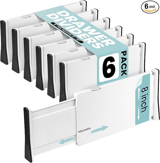 RAPTUROUS Adjustable Drawer Dividers, 8" Tall, Expandable 13.35-22", 6-Pack, Non-Slip for Deep Drawers in Kitchen, Bedroom, and Closet (White)
