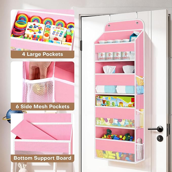 Over the Door Organizer, 4 Large Pocket Hanging Storage with 40lb Capacity | Space Saving Door Storage for Nursery, Bathroom, Bedroom and Closet, Baby Essentials and Toiletry Organizer, Pink