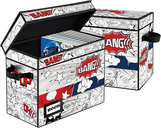 2 Pack Comic Book Storage box, Collection 15.8" X 7.8" X 11.8", Collapsible Holds 160-180 Comic Book Short Box Organizer Container Holder Shelf(Cartoon Clock)