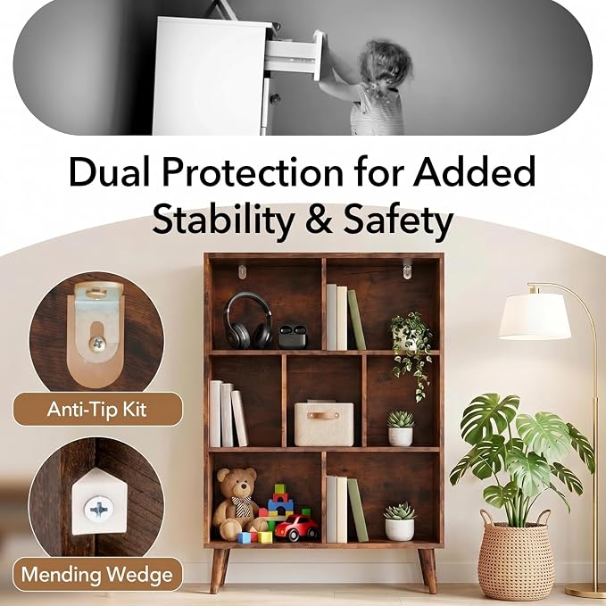HealSmart 7 Cube Storage Organizer, 3 Tier Bookshelf with Legs, Free Standing Cube Bookcase for Living Room, Bedroom, Office, Brown