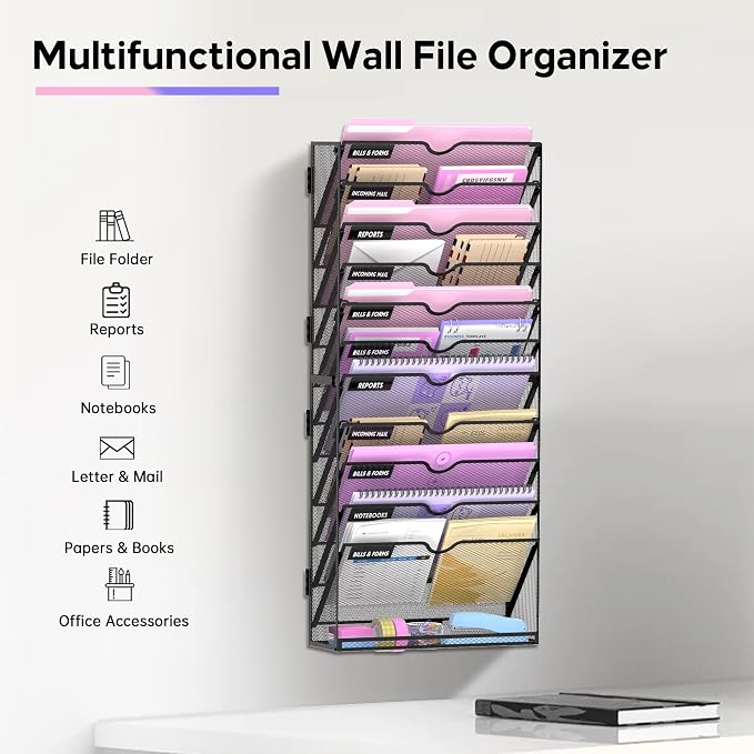 15-Tier Wall File Organizer with Base, Wall Mounted File Holder | Vertical Hanging File Organizer with Open Compartments and Label Holders for Mail, Folders and Paperwork at Home or Work