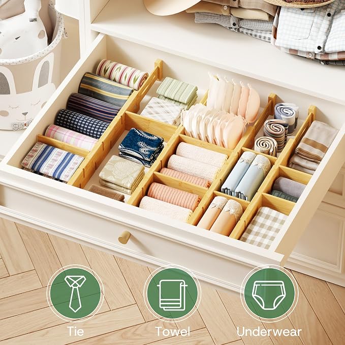 kiplant Kitchen Drawer Dividers - Adjustable Drawer Organizer for Clothes, Kitchen, Closet & Office - 4 Pack with Inserts, 18-22.6 Inches, Non-Slip Silicone Ends