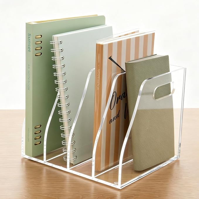 Clear Acrylic Magazine File Holder with Handles, 4-Slot Heavy-Duty Desk Organizer, Vertical Document Sorter & Book Rack for Office, Home & Classroom, Thick 5mm Tabletop Storage, 7.1x8.1x6.3 in