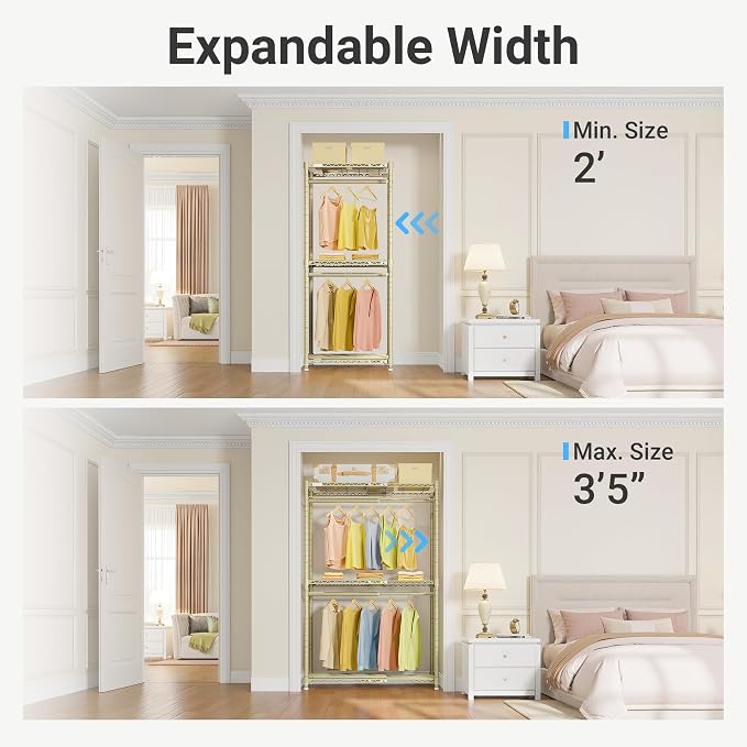 VIPEK X1 Expandable Clothes Rack Heavy Duty Adjustable Closet System, Gold | Adjustable Shelves and Hanger Rods from 2' to 3'5", Reach-in & Walk-in Closets Metal Garment Racks Portable Closet Organizer