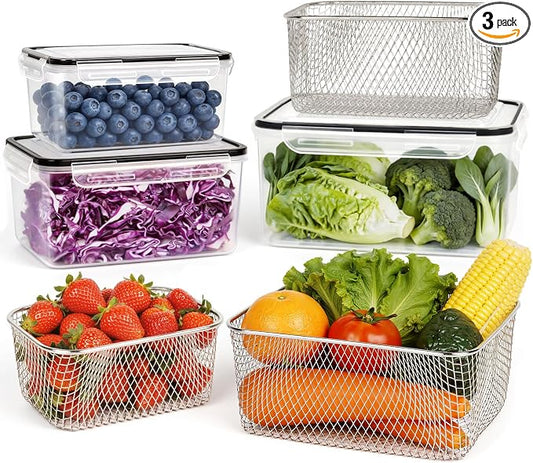 3 PCS Large Fruit storage Containers for Fridge Food Storage Containers | with Stainless Steel Colander Leakproof Dishwasher Microwave safe Produce Containers Keep Fruits Vegetable Berry Fresh longer