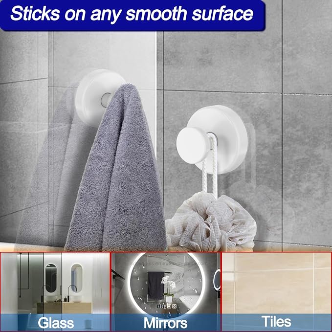 Bntuk Suction Cup Hooks for Shower, Removable Towel Hooks for Bathroom Window Glass Door Wall, Bath Robe Looafh Hook for Hanging - 4 Pack, White1