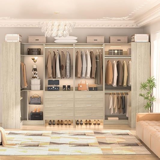 Aheaplus Closet System with 6 Drawers, 6 Hanging Rods & Corner Tower, Corner Closet System with Hanging, 112.5" U-Shaped Walk-In Wardrobe Organizer, 2000+ lbs Capacity, Set of 4, White Oak