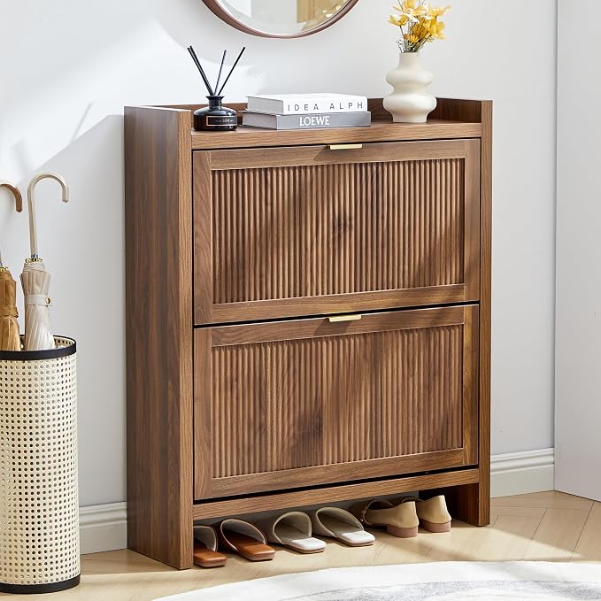 Fluted Shoe Storage Cabinet with 2 Flip Door for Entryway | Farmhouse, Walnut color, Adjustable shelves, Tabletop guardrail, Freestanding shoe storage cabinet, for Entryway/hallway