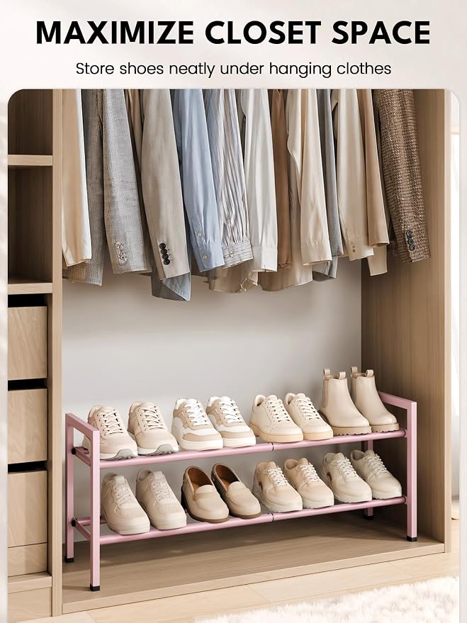 Bumusty 2 Tier Expandable Shoe Rack for Closet, Pink | 18"-33" Adjustable Shoe Rack for Entryway, Small Shoe Organizer for Dorm, Front Door, Sturdy Metal