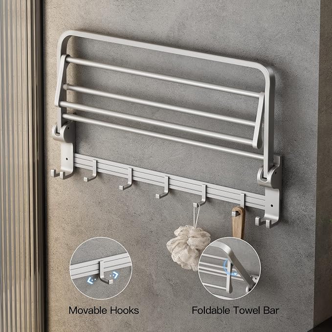 VOLPONE 24 Inch Towel Rack with Towel Bar Holder Foldable Towel Shelf with Movable Hooks Rustproof Towel Storage Wall Mount for Bathroom Lavatory Silver