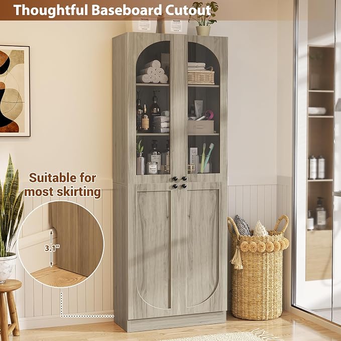 Cyclysio 80" Kitchen Pantry, Tall Arch Storage Cabinet with Tempered Glass & Soft Close Doors, Freestanding Wood Floor Cupboard Bookcase with Seamless Fit Wall for Dining Room, Living Room, Bathroom