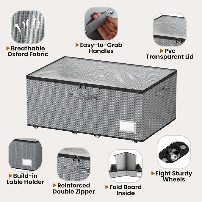 Dayacoco Under Bed Storage With Wheels,10in Underbed Storage Containers 65L | Large Capacity Underbed Storage, No Assembly Required Rolling Under Bed Storage for Clothes Blankets Shoes Grey