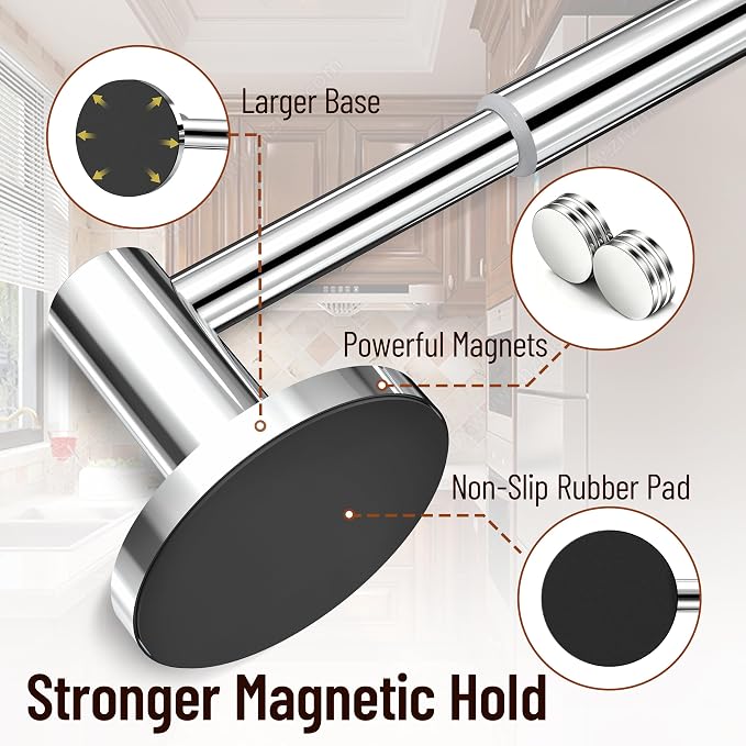 Magnetic Towel Bar, Adjustable Towel Rod with Larger Magnetic Base & Hidden Magnet Design, Non-Slip Magnetic Towel Holder for Refrigerator, Dishwasher, Oven, Washer (Chrome, 1Pack)