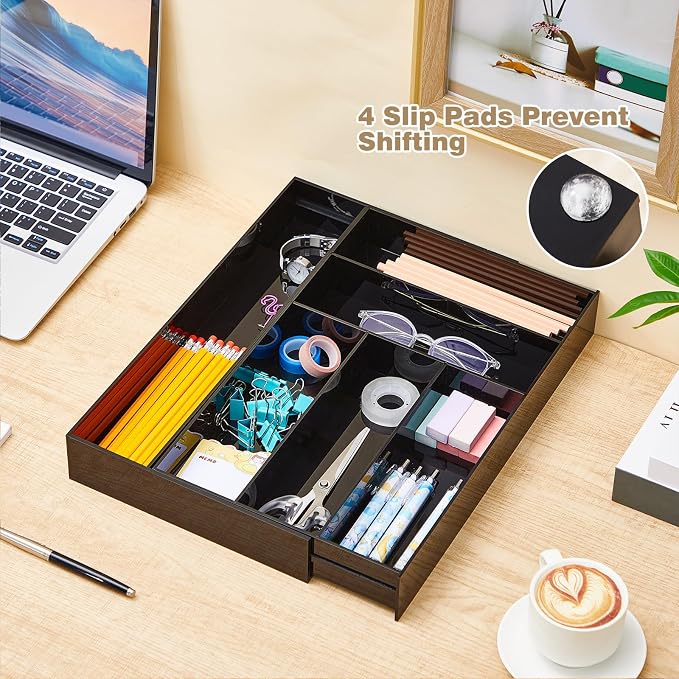 Briwooody Black Acrylic Drawer Organizer Expandable,7 Compartments,Large | 9'' up to 18'' x 12'' x 2.1'' Desk Drawer Organizer Trays Adjustable with Desk Accessories for Makeup Office Bathroom