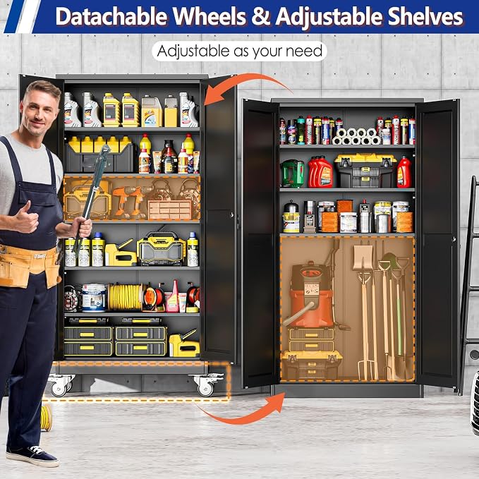 GAIOUS 73.6” Tall Metal Garage Storage Cabinet with Lock, Steel Tool Cabinet with 5 Adjustable Shelves, New Upgrade Lockable File Cabinet with Wheels, Organization for Home Office Garage Gym - Black