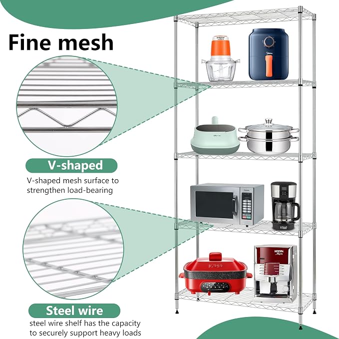 FDW | 5-Tier Wire Shelf | 24" x 14" x 60" | Chrome | Storage Shelves with Adjustable Racks, Holds upto 750 lbs | Rust-Resistant, No-Tool Assembly | For Home, Garage