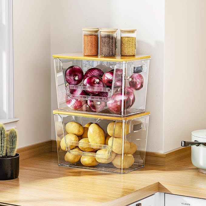 Delamu 4 Pack Pantry Organizers and Storage,Trash Bag Dispenser with Bamboo Top,Stackable Trash Bag Dispenser Under Sink Organizer for 4-30 GalBags,Onion,Potato,Fruits,Clear