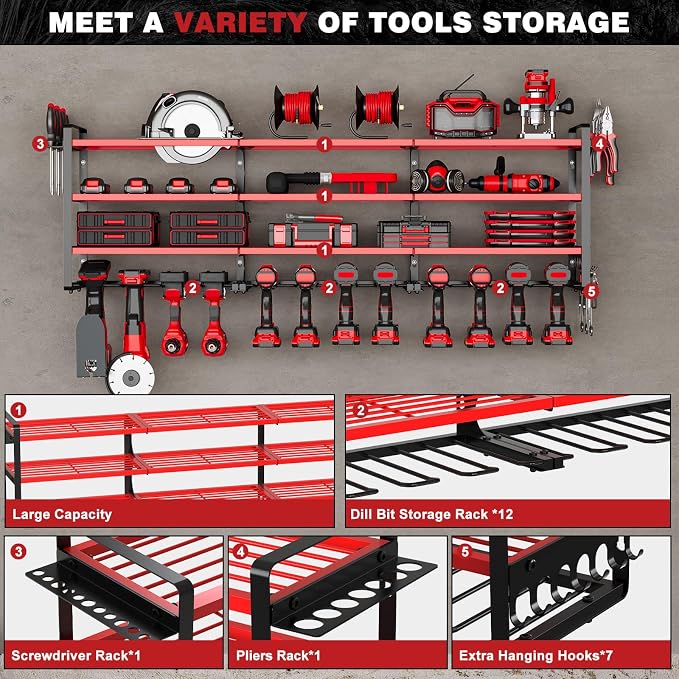 NattyDot Power Tool Organizer Wall Mount, 48-Inch 12 Drill Holders, Red | Extra-wide 48-inch Heavy-duty Wall Rack Stores 12 Cordless Drills and Assorted Tools, Maximizing Garage and Workshop Storage