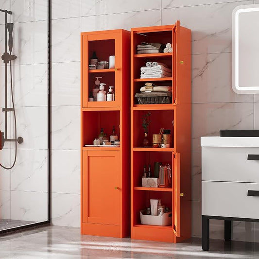 67" Tall Metal Narrow Storage Cabinet with Glass Door and Open Shelf, Shaker Style Slim Cabinet with Adjustable Shelves for Kitchen Bathroom Living Room Laundry Small Spaces, Orange, 1Pc