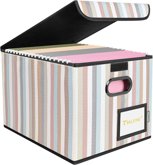 BALEINE File Organizer Box with Lid, Collapsible File Folder Organizer with Plastic Slide, Hanging File Folder Box for Office Document Storage (1 Pack, Color Stripe)