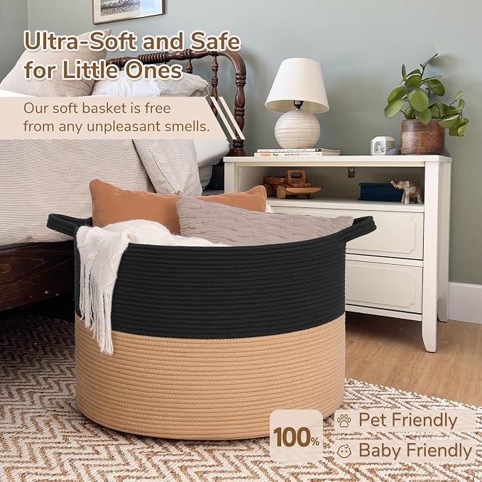 INDRESSME 115L Extra Large Woven Rope Blanket Basket Living Room BlackCamel | 23.6" x 15.7" Storage baskets for toys laundry & pillows. Fits living room, bedroom or nursery décor. Soft-touch with handles