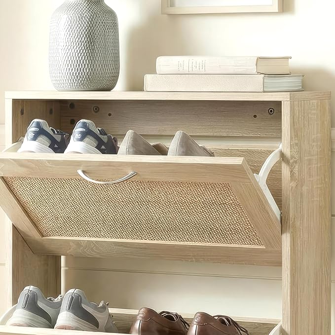HOPUBUY Shoe Cabinet for Entryway, Narrow Shoe Storage with 3 Flip Drawers | Wood Slim Shoe Rack, 3 Tier Thin Shoe Organizer for Home and Apartment,Nature Rattan