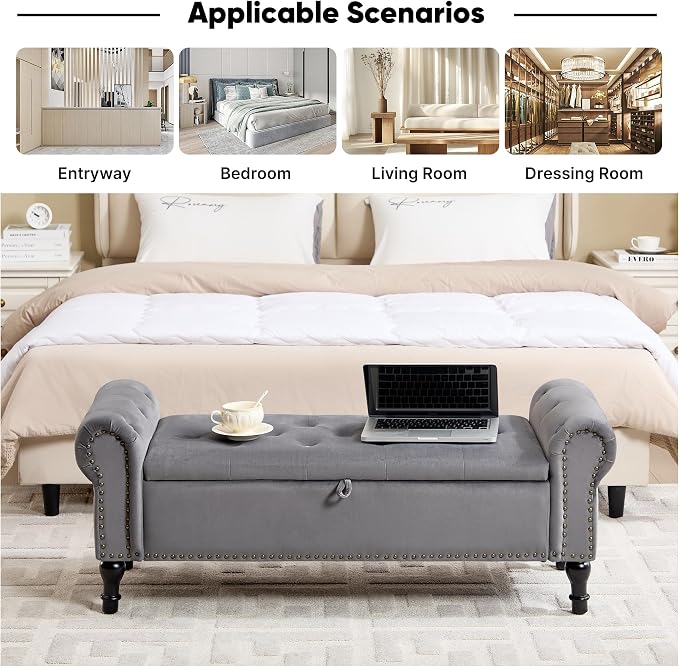 51" Storage Bench for Bedroom, Velvet End of Bed Bench, Queen Size Bench with Rolled Arms, Tufted Storage Ottoman Benches, Upholstered Bench for Bedroom, Living Room, Entryway, Grey