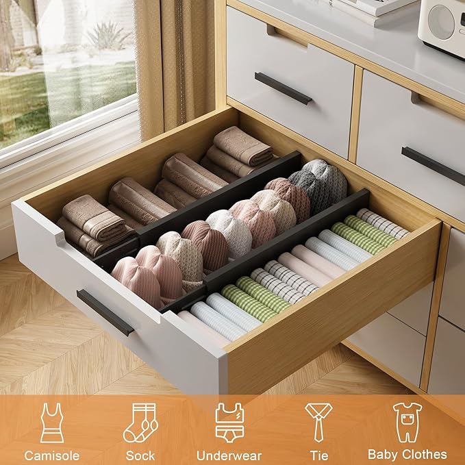 Bamboo Drawer Dividers, Adjustable Drawer Organizers, Fits 17.6–21" Drawers | 2.5" High, 6 Pack Expandable Drawer Separators for Kitchen, Nursery, Dressers & Office Storage, Black