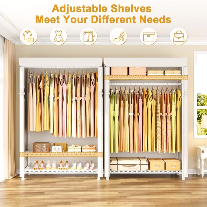 H5C Plus Clothes Rack with Cover, Covered Clothing Rack Heavy Duty | Garment Rack with Shelves, 3-Tier Portable Closets for Hanging Clothes, Max Load 370LBS, White Closet Racks with White Cover