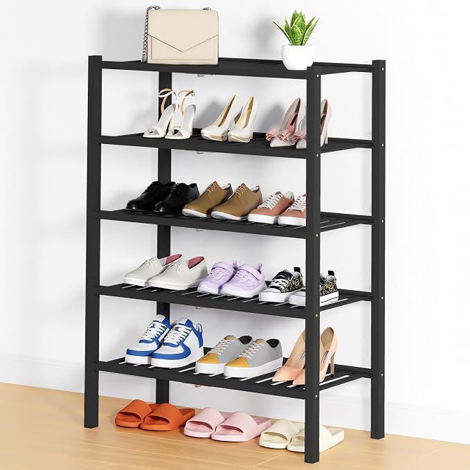 Smiry Bamboo Shoe Rack, 14 Vertical Slats, 5 Tier - 26.8" Wide, Black | Stackable Free Standing Wooden Shoe Organizer, Wood Shoe Storage Shelf for Closet, Entryway, Thicher Leg
