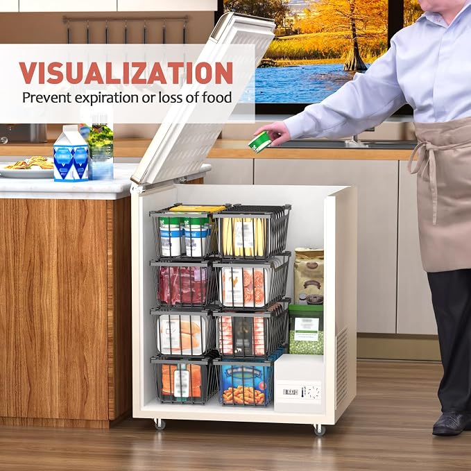 Goovilla Freezer Organizer Bins for 5-7 Cu.FT Chest Freezer, 4 Pack Black | Foldable Handle Stackable Freezer Baskets, Coated Metal Freezer Storage Bins with Better Space Utilization, Deep Organization