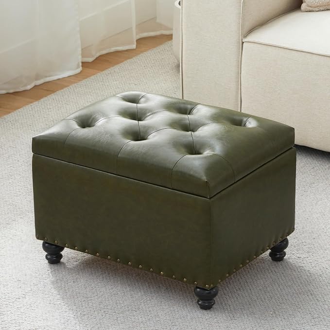 Zihanhome Leather Ottoman with Storage, Upholstered Button Tufted Ottoman Foot Rest, Foot Stools, 24" Rectangle Ottomans with Storage for Living Room, Bedroom, Dorms and Apartments (Green-PU)