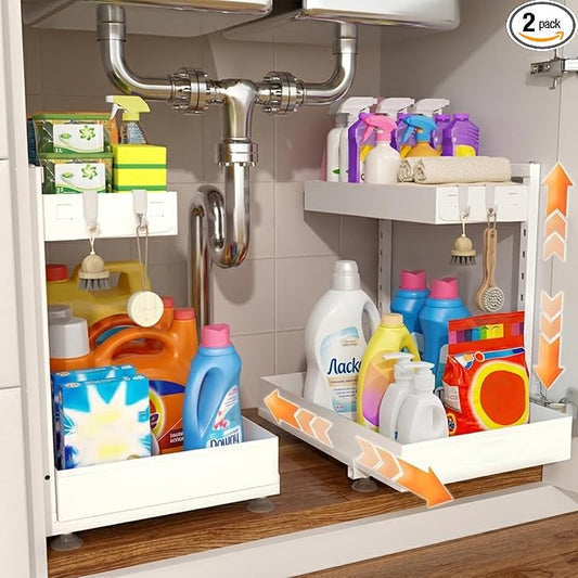 Under Sink Organizer 2 Pack, 2-Tier Metal Slide-Out, Height Adjustable | 2-pack pull-out under sink shelf, 2-tier cream white metal, adjustable height, fits U-pipes, 50lbs hold
