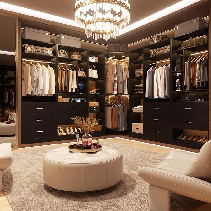 Besiost Corner Closet System with 12 Shelves, 39.2" Corner Organizer | L Shaped Closet with 2 Hanging Rods, Versatile 6-Tier Walk-in Closets for Corner Space, Black (39.2" L x 39.2" W x 80" H)