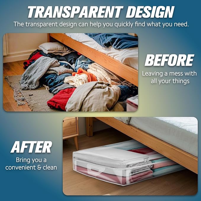 HIBAG 20 Gallon Under Bed Storage Containers, Underbed Clothing Storage Bins, Clear Plastic Organizer with Reinforced Handles, for Clothes Comforters Blankets Towels Pillows Bedding (2 Pack)
