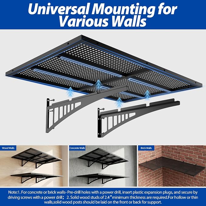 Avalution Garage Wall Shelving,2x3ft Garage Shelving Wall Mounted 2 Pack,Heavy Duty Wall Organizer Storage Shelf with Hooks,650lbs Capacity Floating Shelves for Laundry, Basement,Warehouse,Black