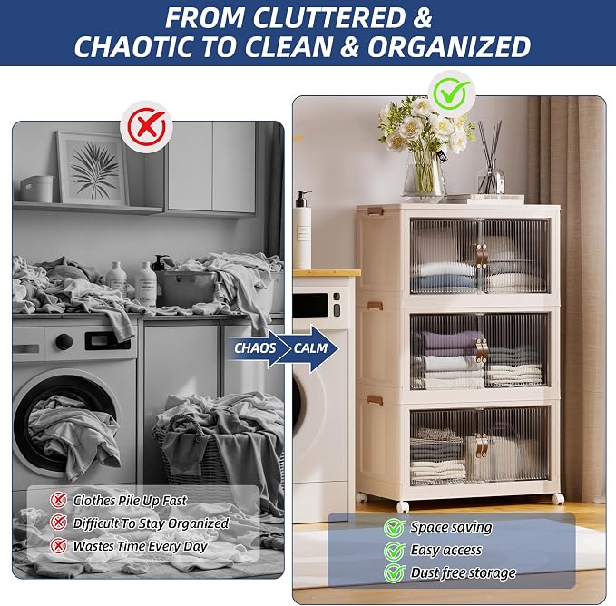 SAILUN 87Gal/348Qt Stackable Storage Bins Folding Collapsible Storage Bins with a Lid, Closet Organizers and Storage,Blush White 26" W x 17" D x 43.7" H